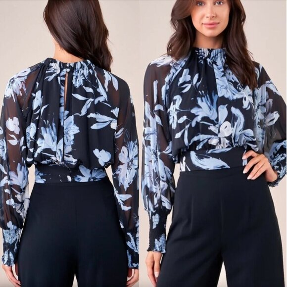 SUGARLIPS ANTHROPOLOGIE Emilie Floral Mock Neck Crop Top Black Blue Long Sleeve - Picture 1 of 15